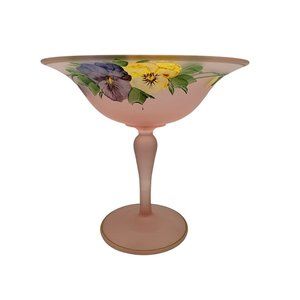 Tiffin Vintage Pink Satin Glass High Footed Hand Painted Compote Dish MCM Glass